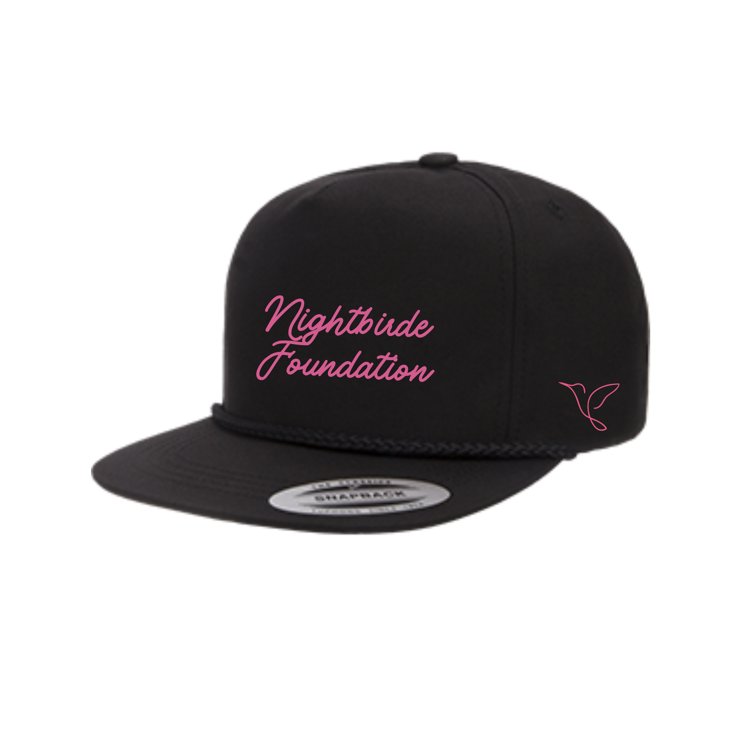 Nightbirde Foundation Snapback Hat – Black Five-Panel High-Profile Cap with Pink Logo