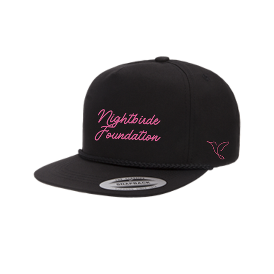 Nightbirde Foundation Snapback Hat – Black Five-Panel High-Profile Cap with Pink Logo