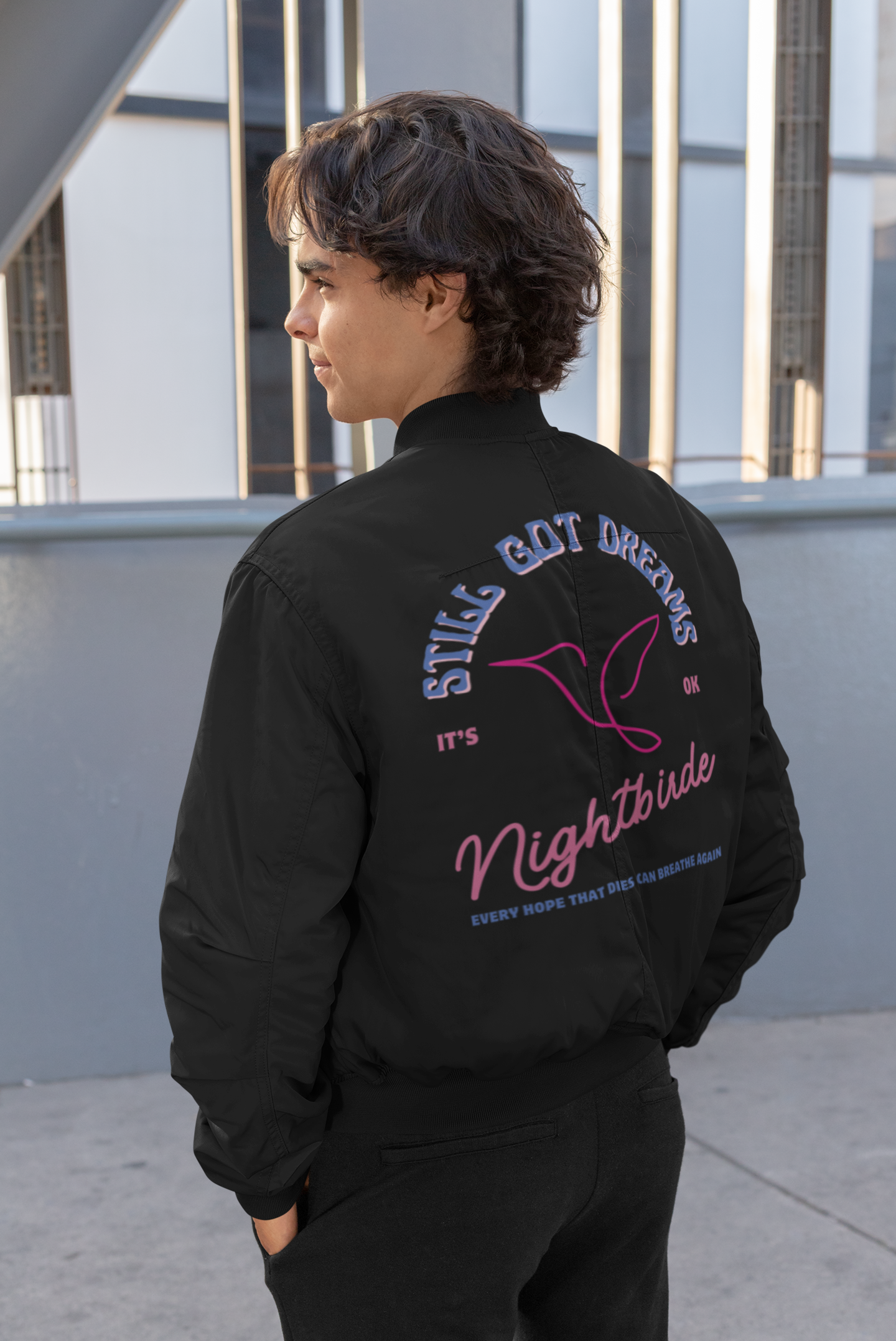 Unisex Lightweight Bomber Jacket – Nightbirde “Still Got Dreams” Inspirational Black Jacket